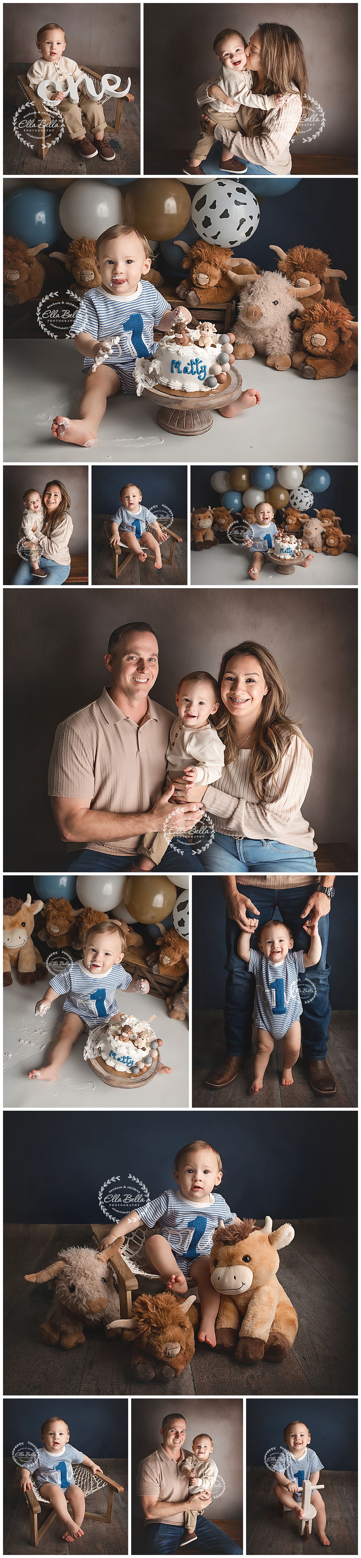 A baby boy celebrates his first birthday with cake smash photos, family portraits, and stuffed highland cow toys in blue and tan tones.