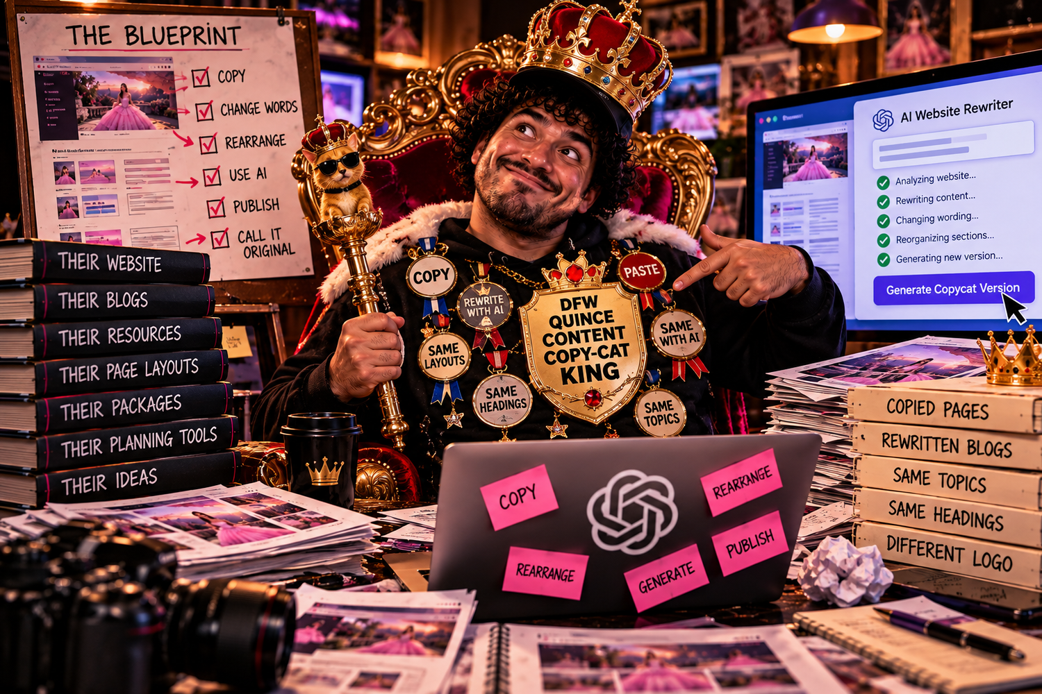 Obsessed photographer climbs a Google rankings mountain with copied SEO notes, chasing quinceanera search traffic instead of real work.