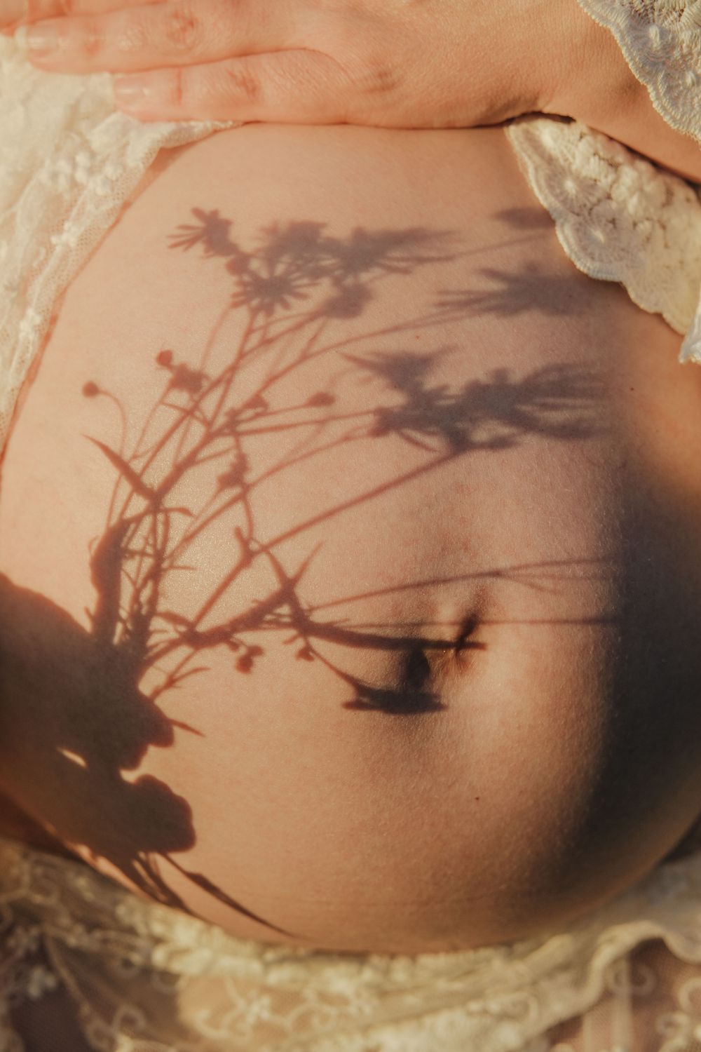 Pregnant belly with delicate wildflower shadows cast in warm golden light, wearing lace lingerie.