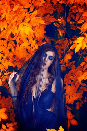 A mysterious woman in a blue veil and dark dress surrounded by glowing orange autumn leaves.
