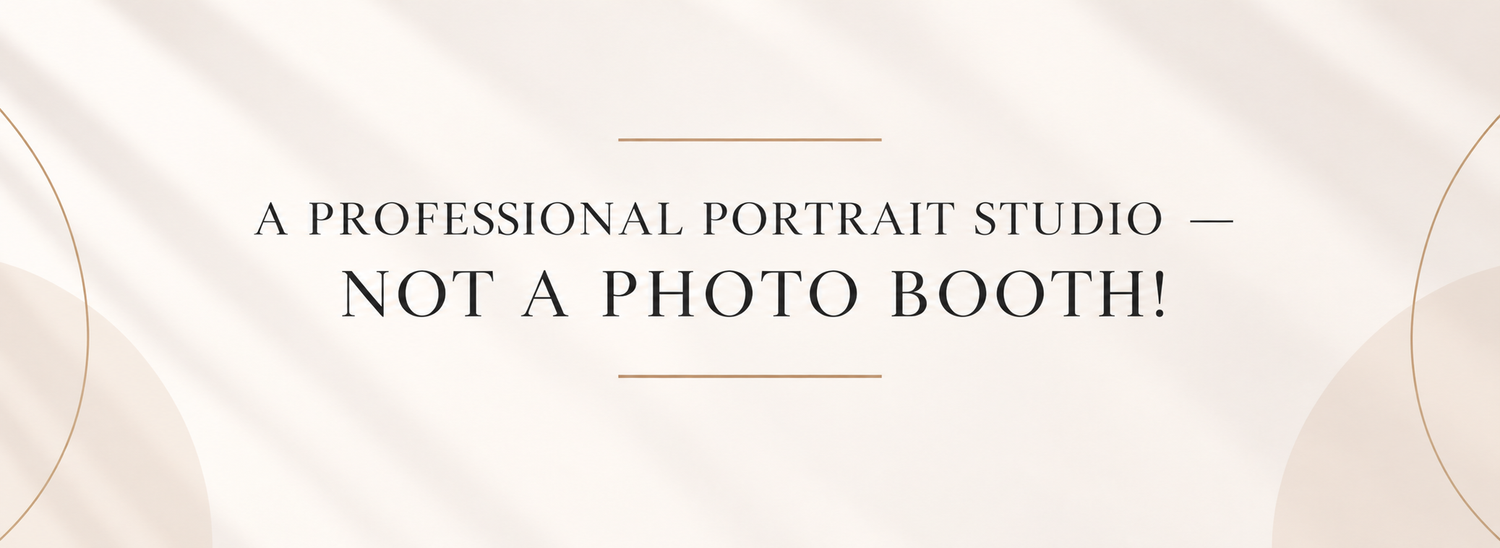 A professional portrait studio banner featuring a camera, framed photo, and greenery with bold text on a marble surface.