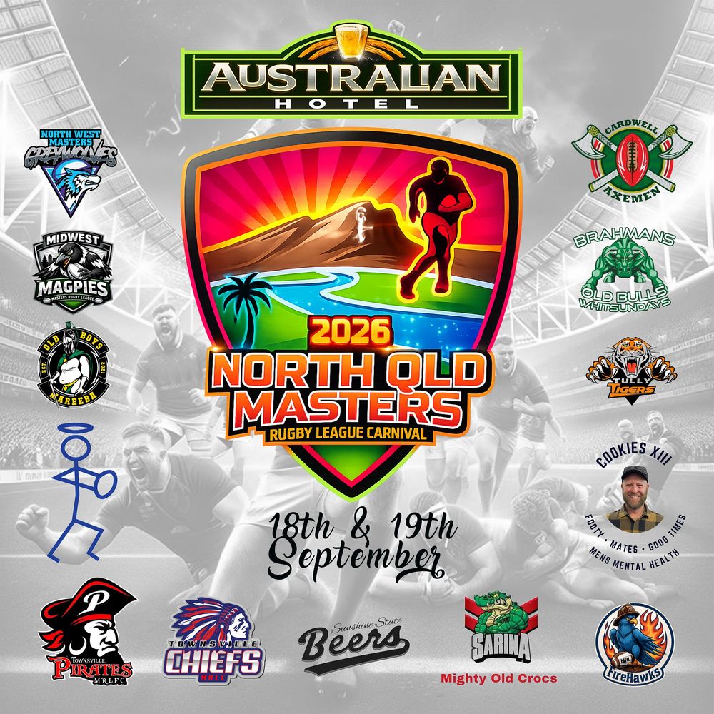 Promotional flyer for 2026 North Qld Masters Rugby League Carnival on 18th & 19th September, sponsored by Australian Hotel.