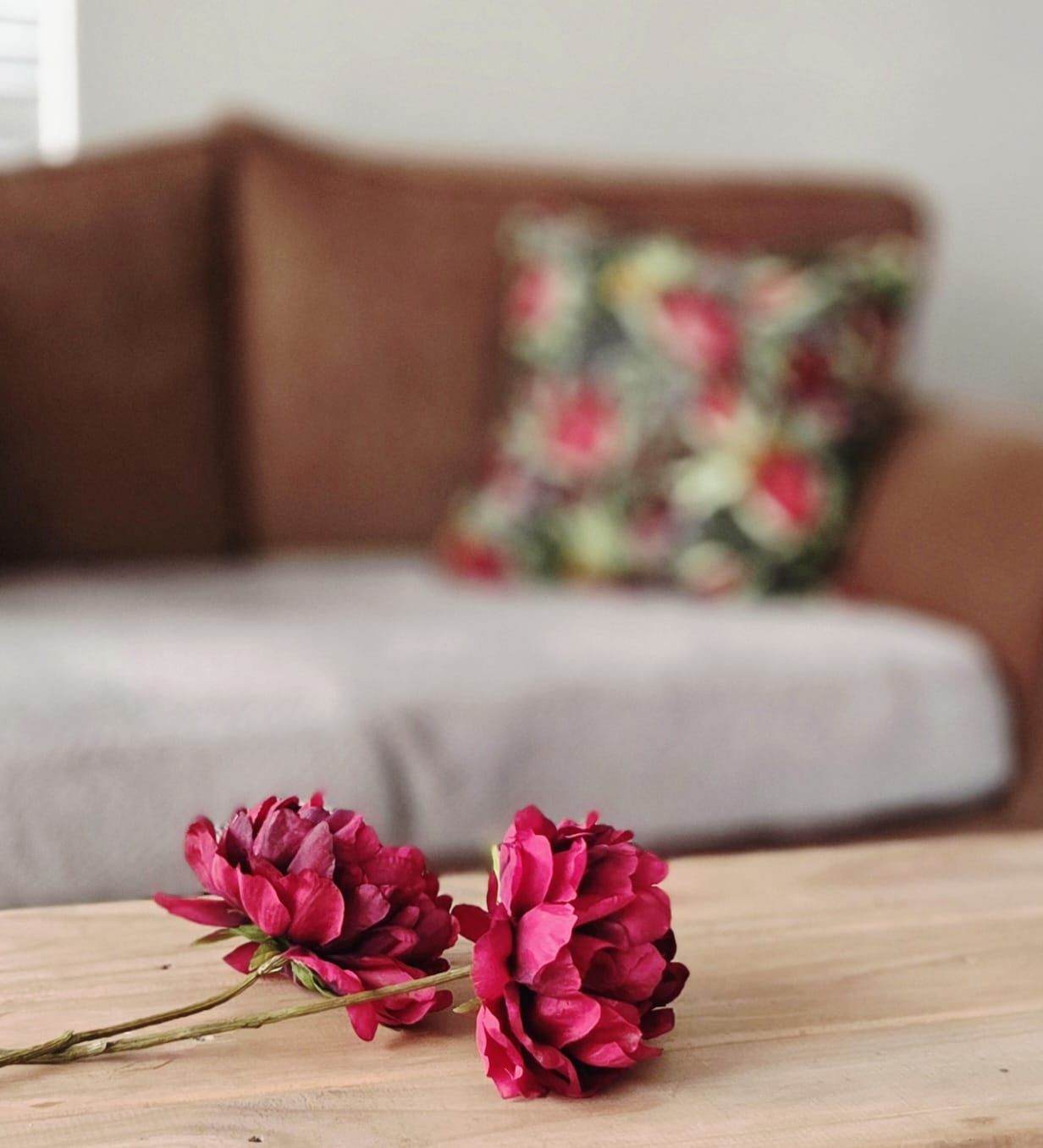 Two vibrant pink peonies rest on a wooden table with a brown sofa and floral pillow in the background.