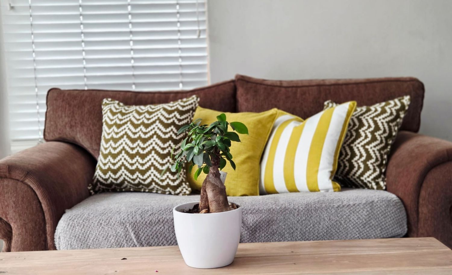 Brown sofa with yellow and patterned cushions beside a small potted plant on a wooden table near window blinds.