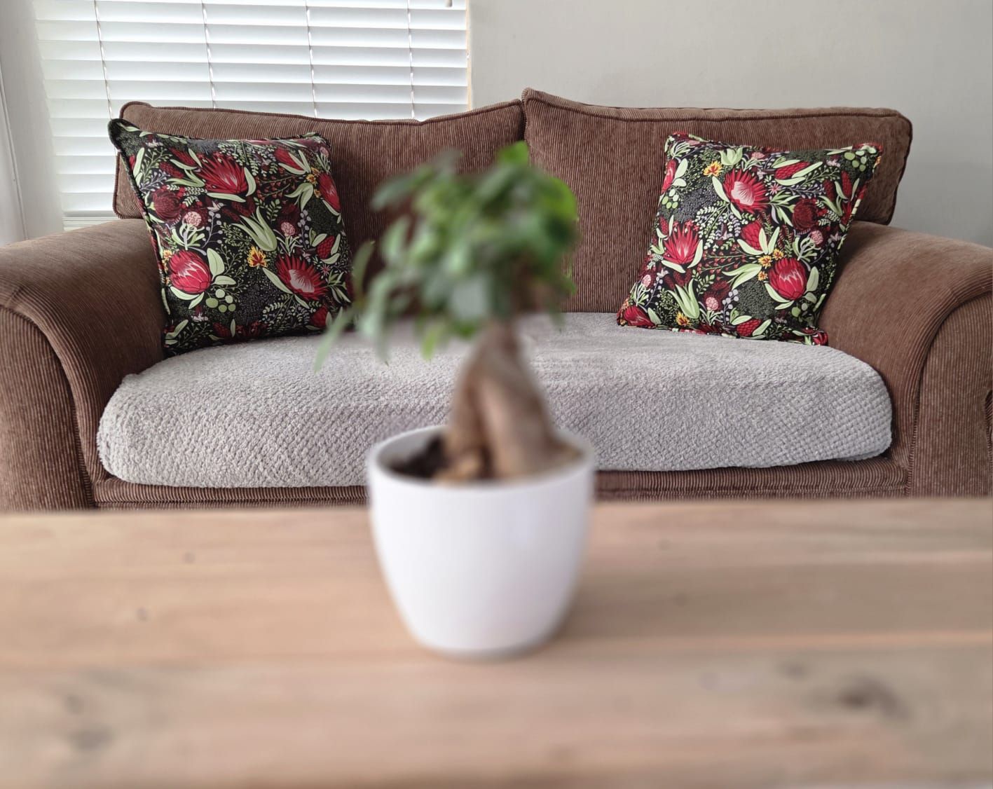 Brown sofa with floral throw pillows and a small potted plant on a wooden coffee table in a cozy living room.