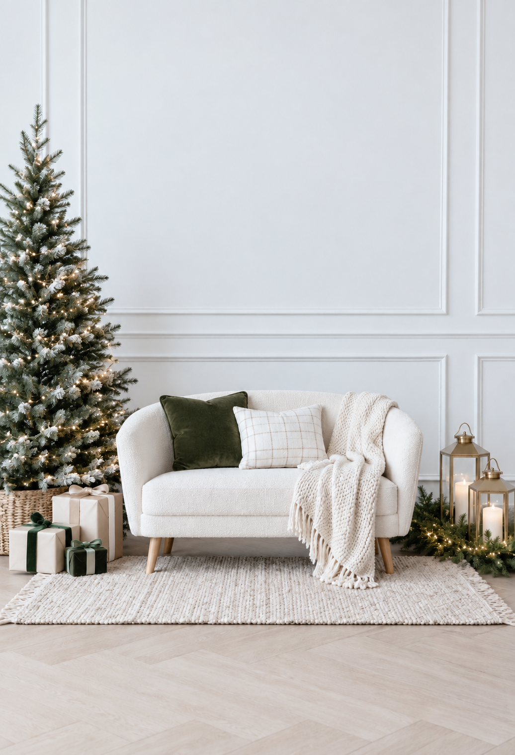 Cozy white armchair with green velvet pillow beside a snow-dusted Christmas tree, wrapped gifts, and gold lanterns in elegant living room.