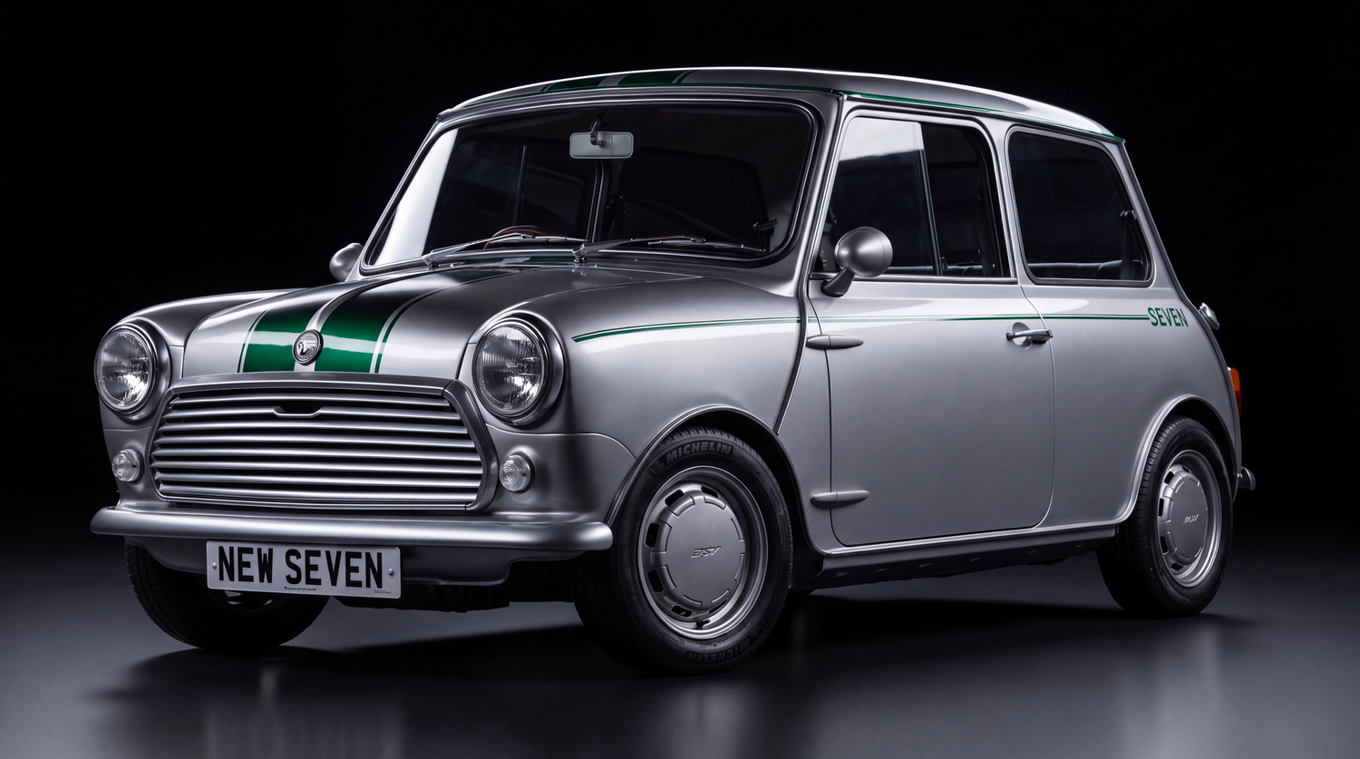 Classic silver Mini Cooper with green racing stripe and NEW SEVEN license plate on dark studio background.