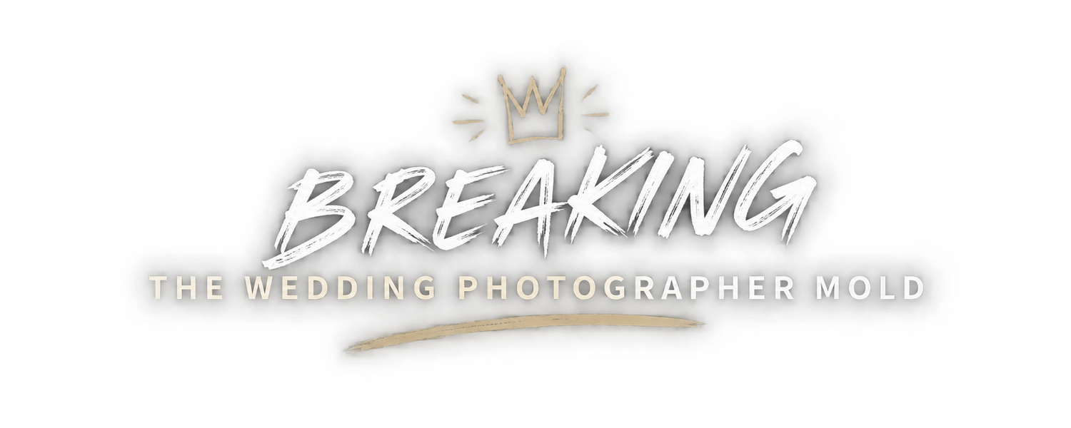 Breaking The Wedding Photographer Mold logo with stylish handwritten text and gold crown accent.