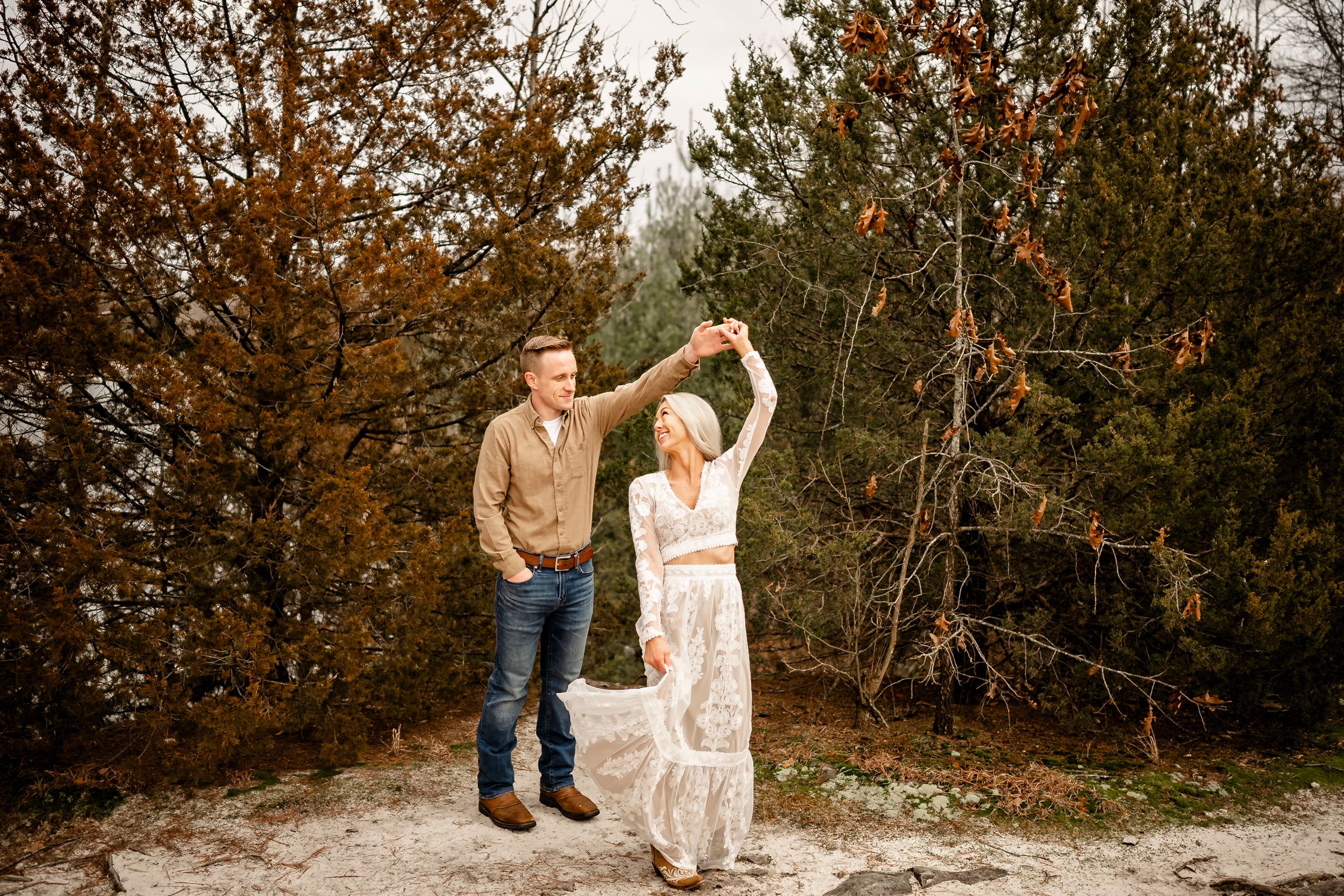 A series of romantic photos taken outdoors with autumn trees and natural scenery.