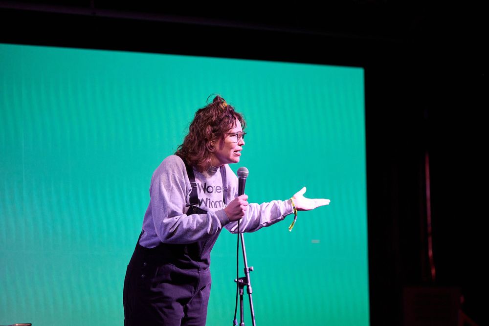 Comedian Beth Stelling on stage for Flyover Comedy Fest