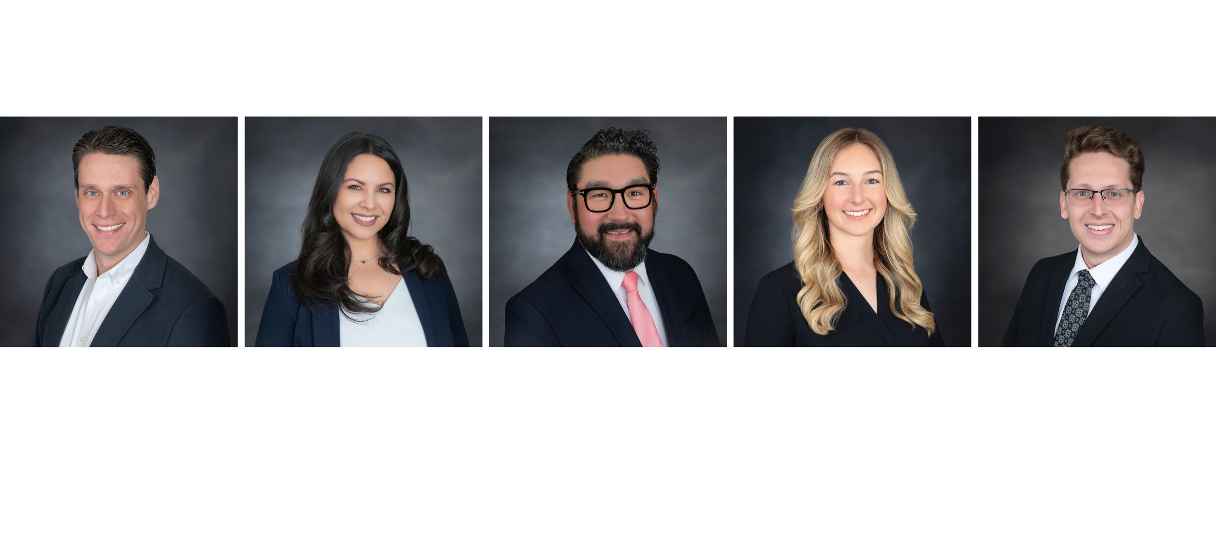 Professional corporate headshots of five business professionals against dark gray backgrounds in business attire.