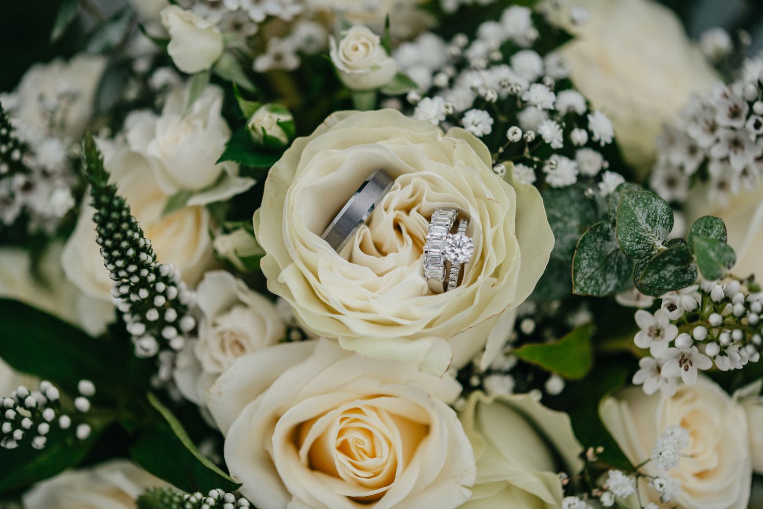 Close-up of elegant white roses and baby's breath flower arrangement.