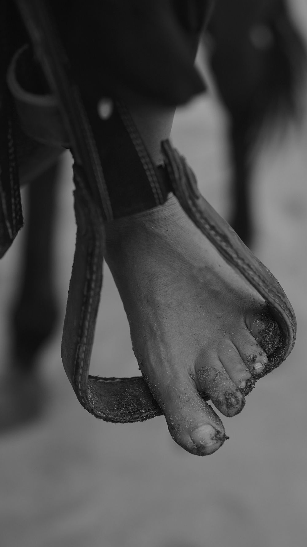Close-up black and white image of a bare foot in a leather sandal strap showing signs of wear.