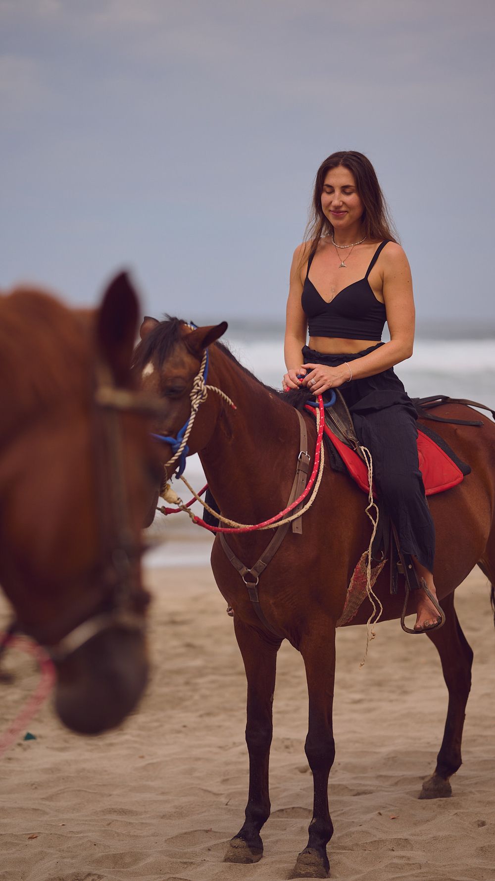 Person horseback riding on a brown horse along a sandy beach at sunset.