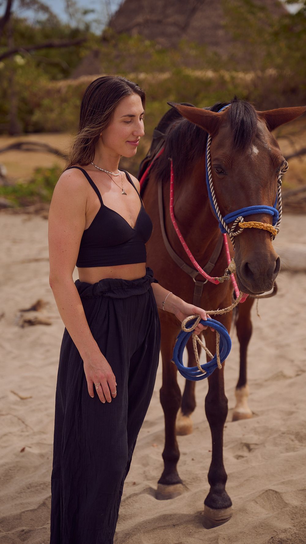 Person in black outfit standing next to a brown horse with red and blue tack on a sandy beach.