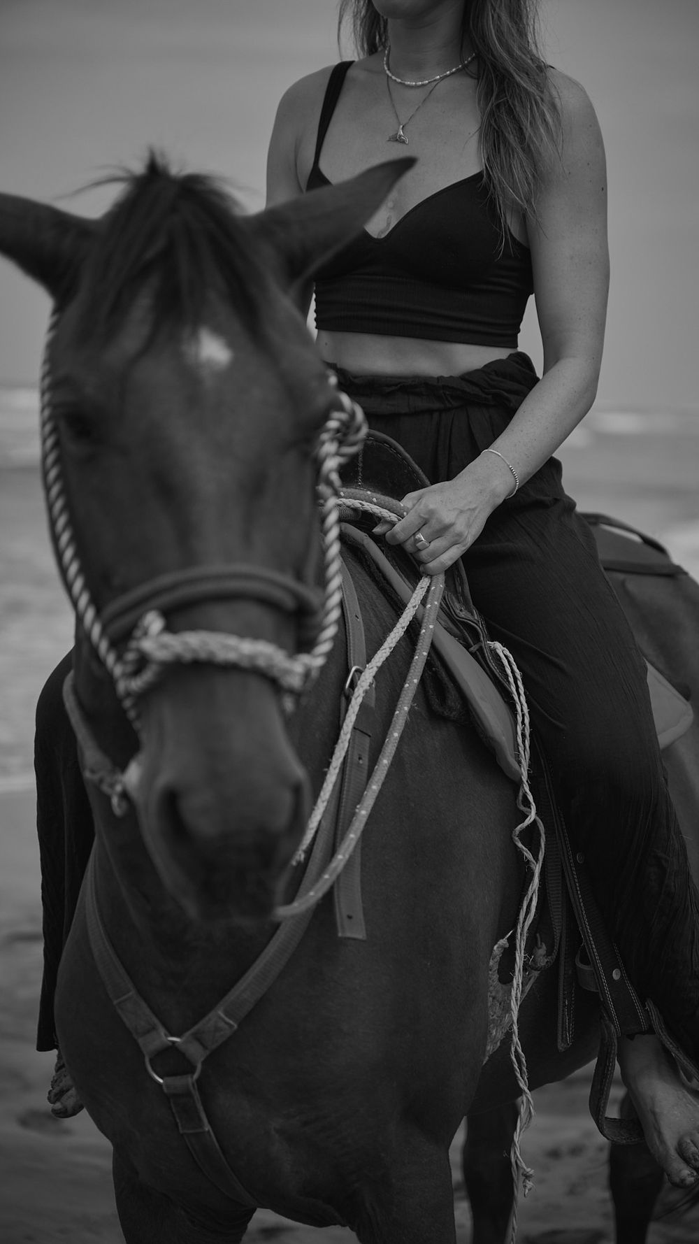 A black and white photo shows a rider in a crop top on horseback holding leather reins at the beach.