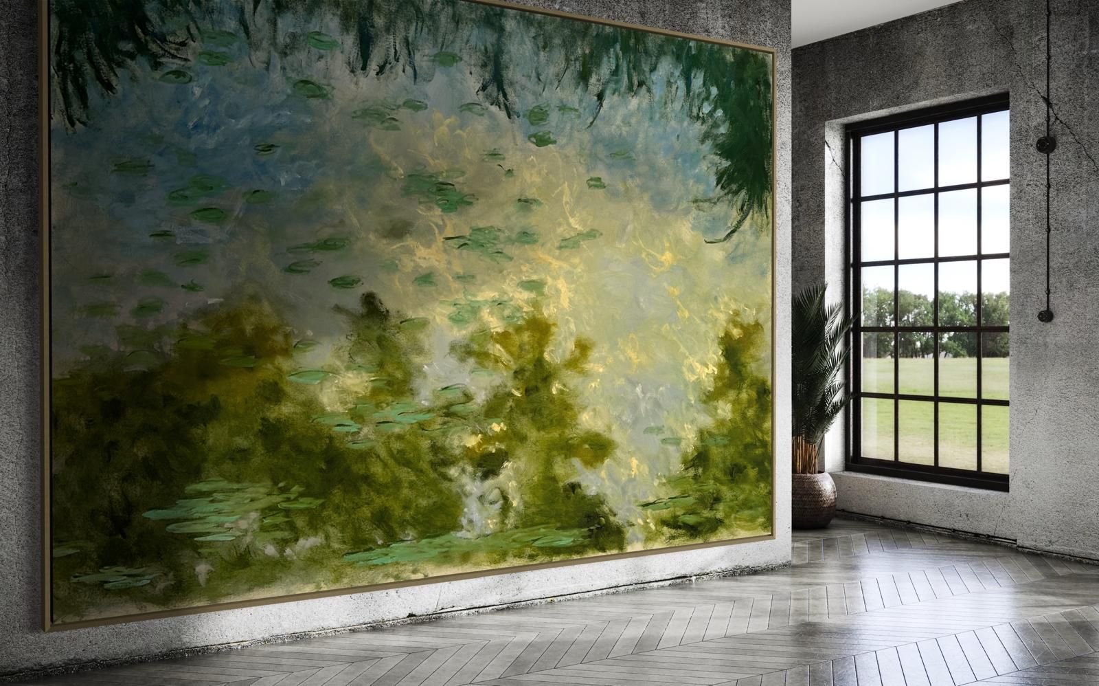 Ethereal green and blue wall mural creates a dreamy forest-like atmosphere Monet Kim ahonoukoun legacy interior design
