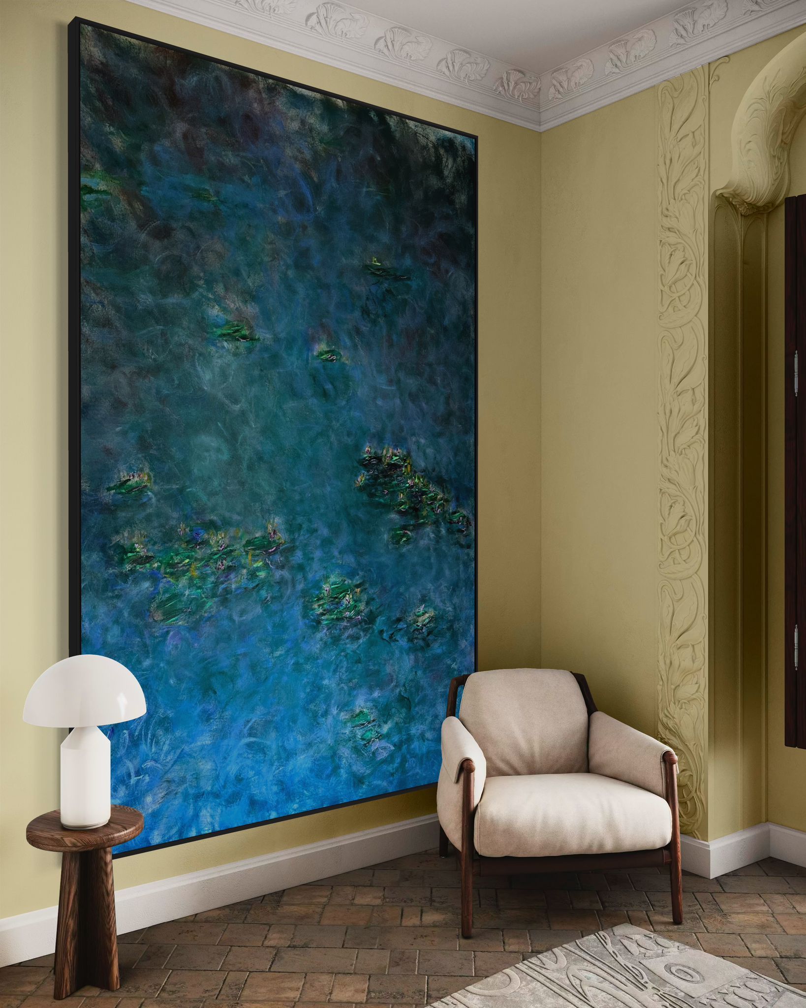Monet-inspired blue artwork dominates a classic room with herringbone floors and mid-century modern furniture. Monet Kim ahonoukoun  legacy