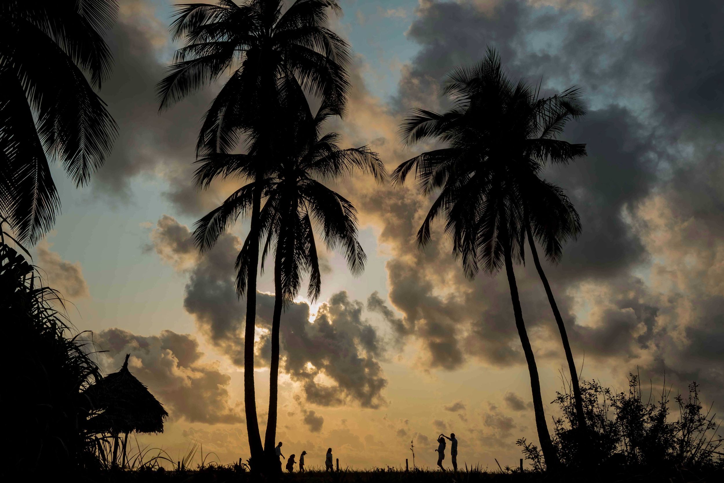 Silhouettes of palm trees and people against a dramatic sunset sky with moody clouds on a tropical beach.