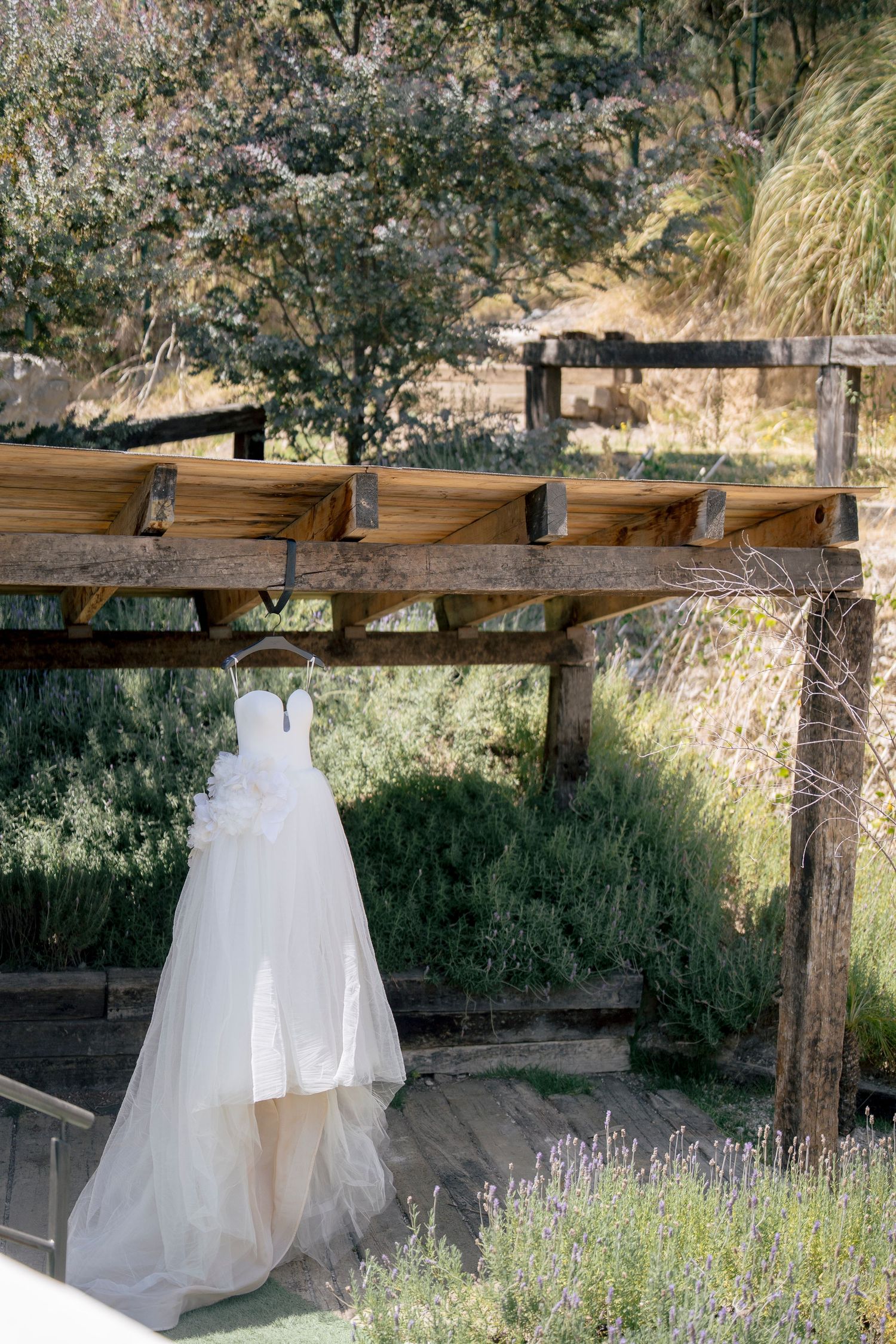 A white wedding dress hangs from a rustic wooden pergola in a garden with blooming lavender flowers.