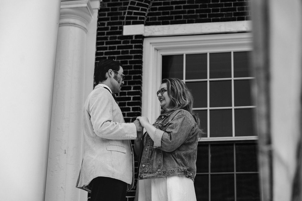 A black and white image of a couple for engagement photoshoot at Gettysburg College.