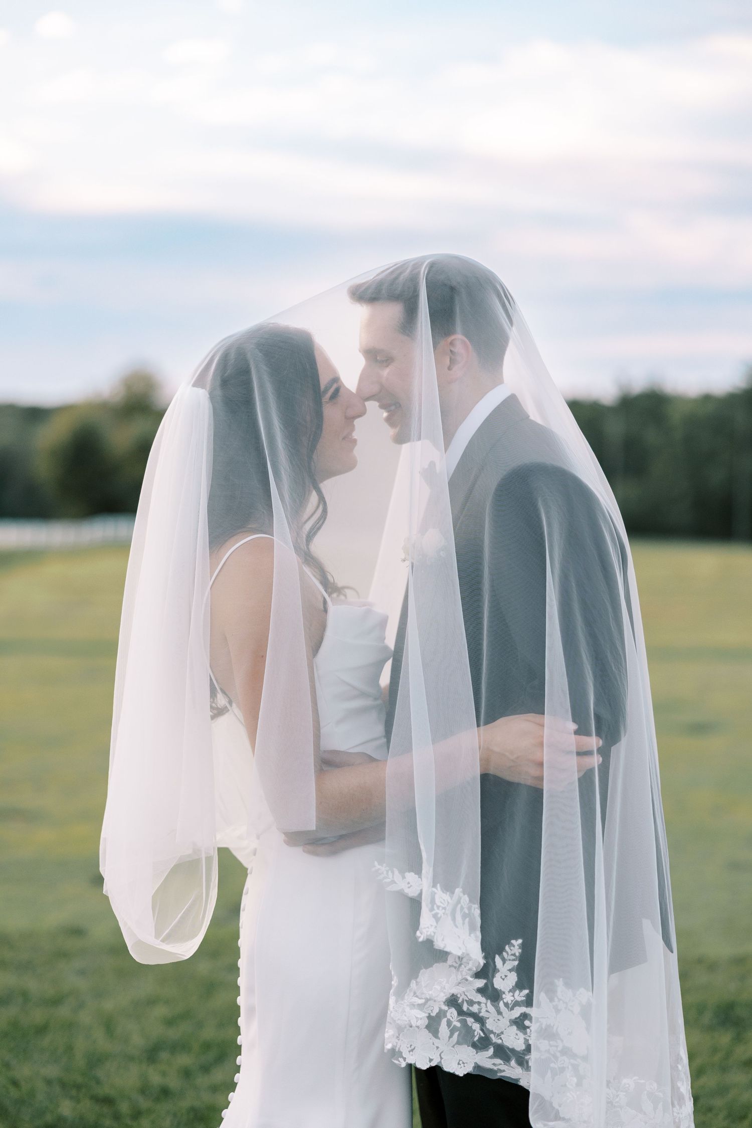 A romantic wedding couple embraces under a flowing white veil against a pastoral green field background.
