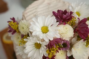 Delicate arrangement of white daisies and burgundy chrysanthemums with yellow accents in a rustic setting.