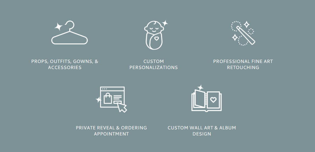 A modern website header menu showing service icons for personal image consulting with clothing hangers and accessories.