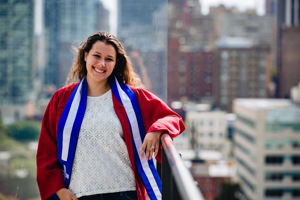 A group of casual lifestyle photos of someone wearing a red jacket and white top against an urban cityscape background.