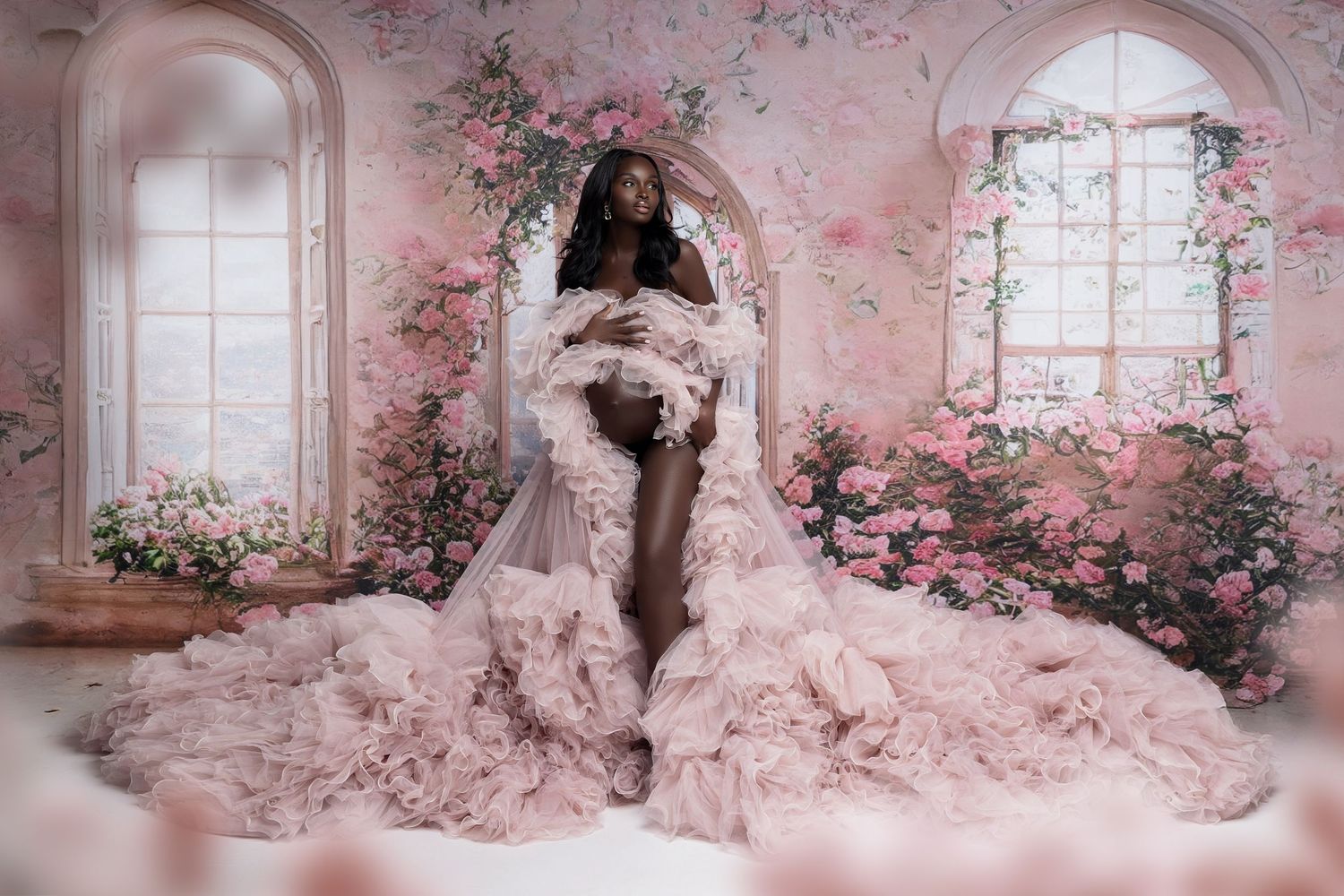 Dreamy pink portrait series features ethereal tulle gowns in a romantic room with cherry blossom-filled atmosphere.