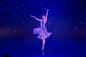 Seven silhouettes of a graceful ballet dancer performing different poses against a starry night backdrop.