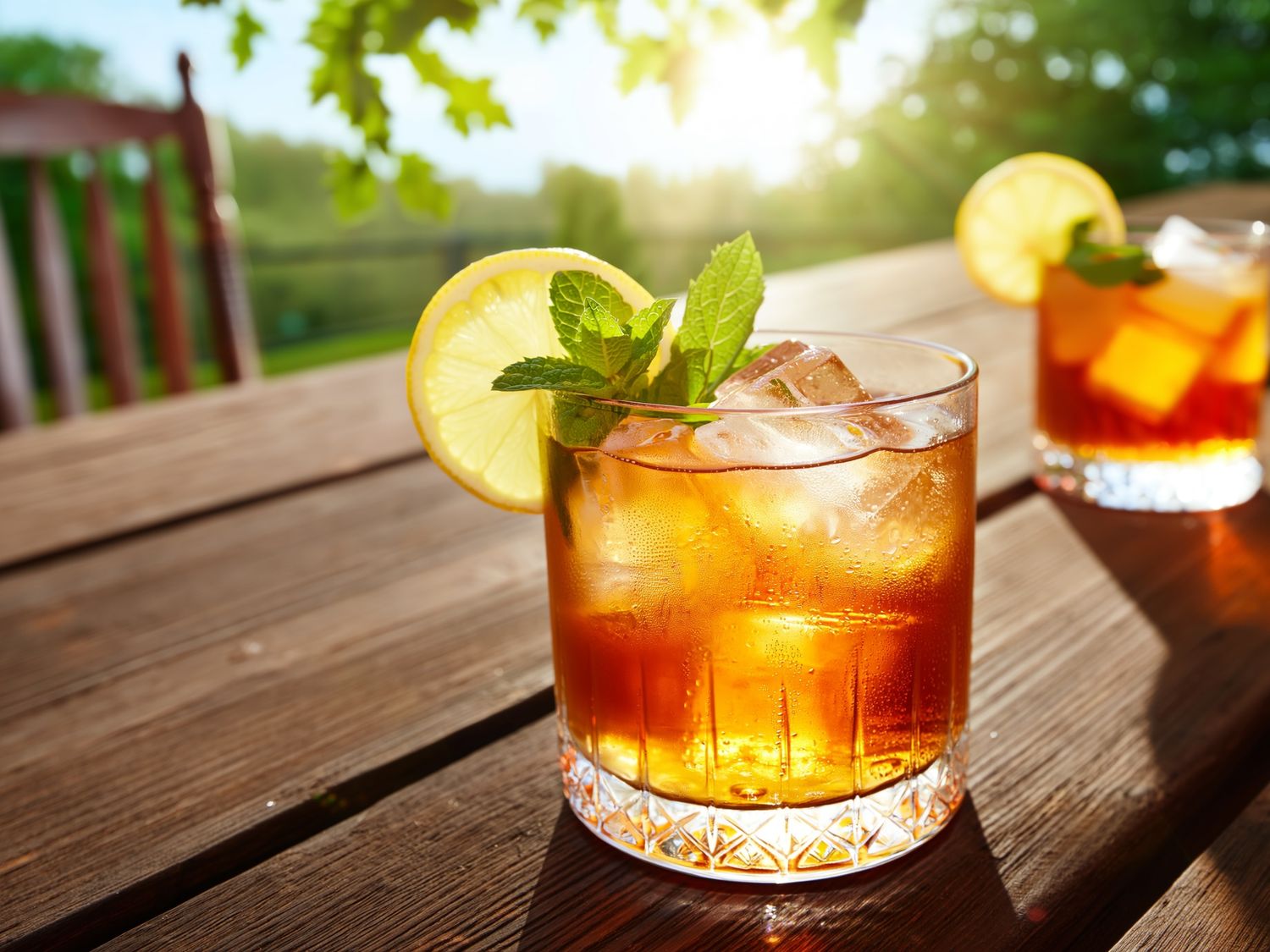 Refreshing iced cocktail with lemon and mint garnish on wooden deck at sunset.