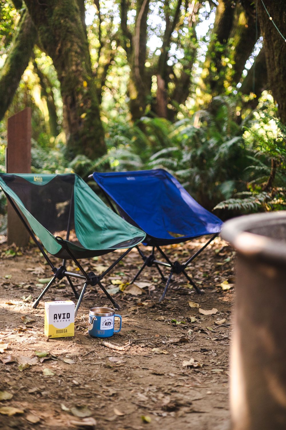 Colorful camping chairs arranged in a forest setting with sunlight filtering through the trees.