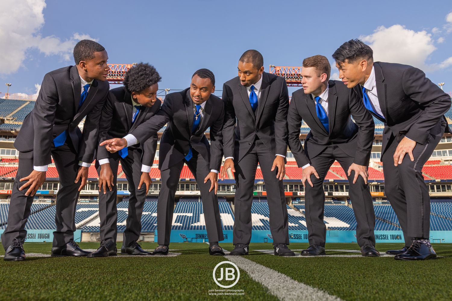 Nissan Stadium Wedding. TN Titans. Groom and Groomsmen By Nashville Wedding Photographer - Josh Bennett Photography
