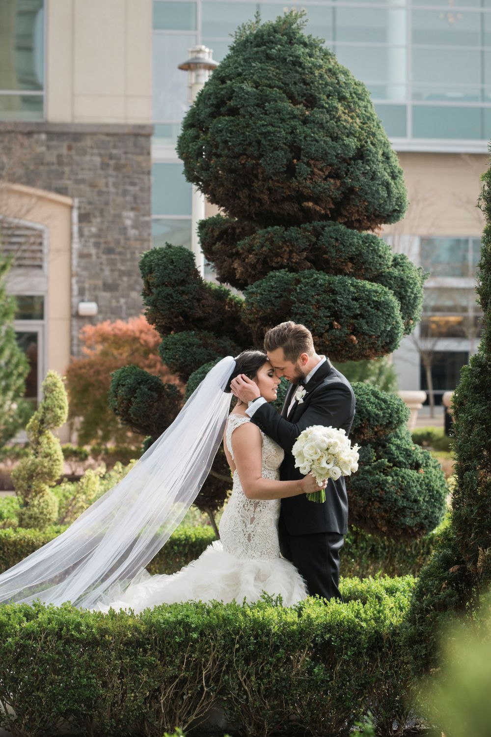 A romantic wedding couple shares an intimate moment in front of elegantly manicured spiral topiary bushes in a garden setting.