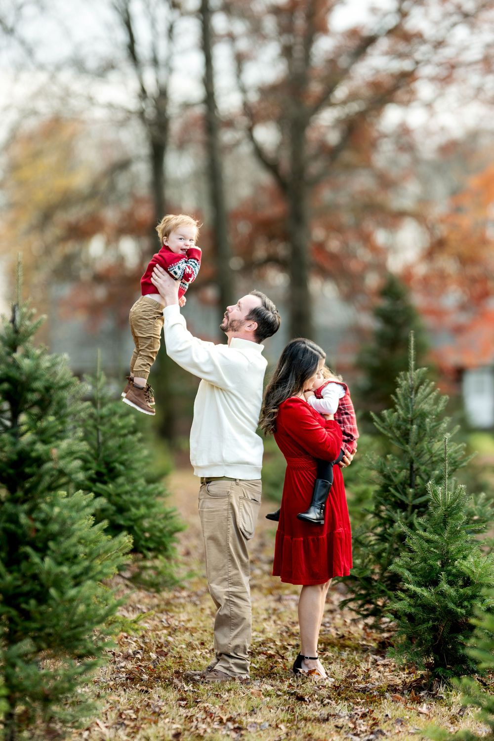 Father lifts laughing toddler high while mother holds daughter at a Christmas tree farm in fall.