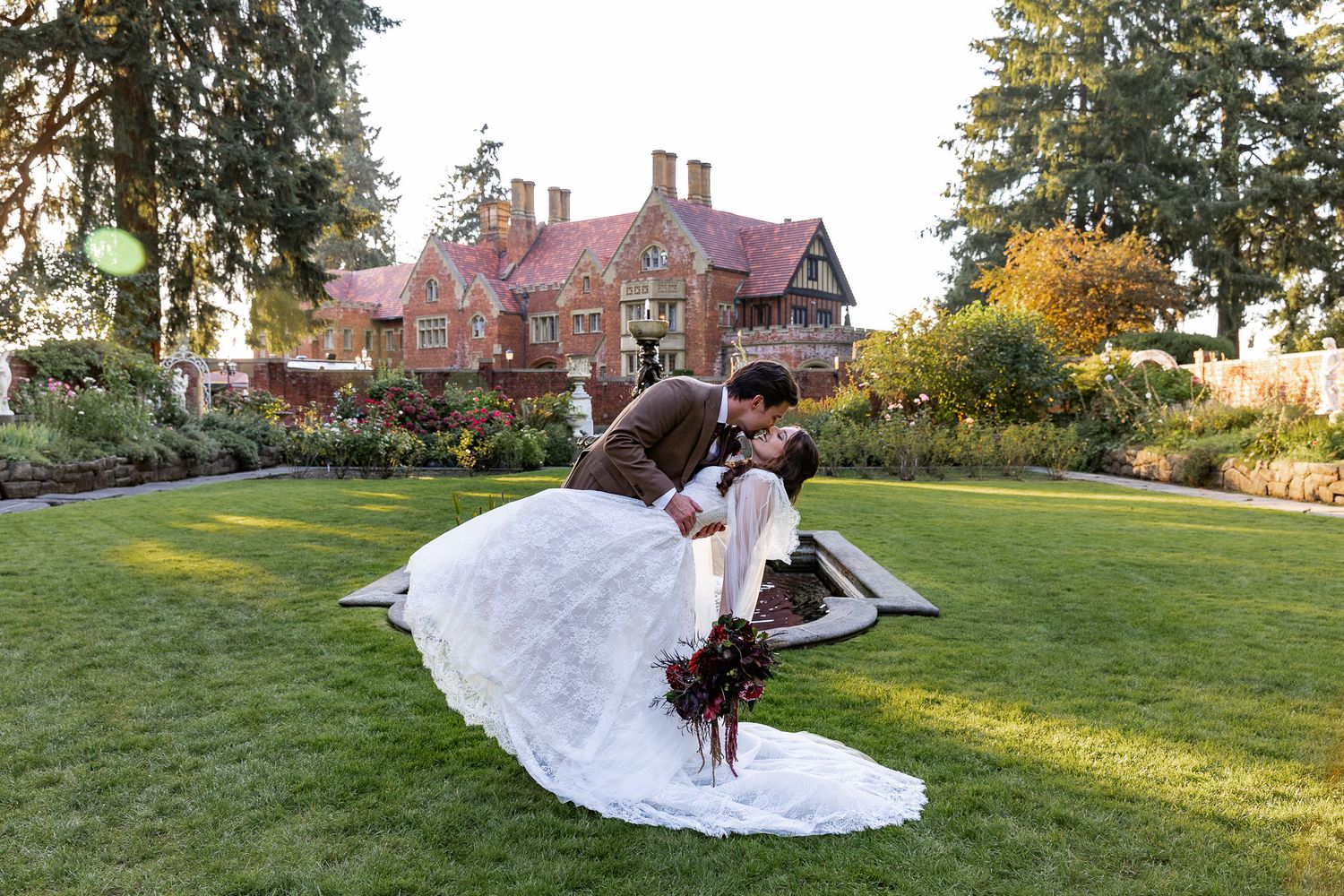 Bride and Groom  in front of Thornewood castle in  Lakewood Washington, Pacific Northwest Wedding Photographers.