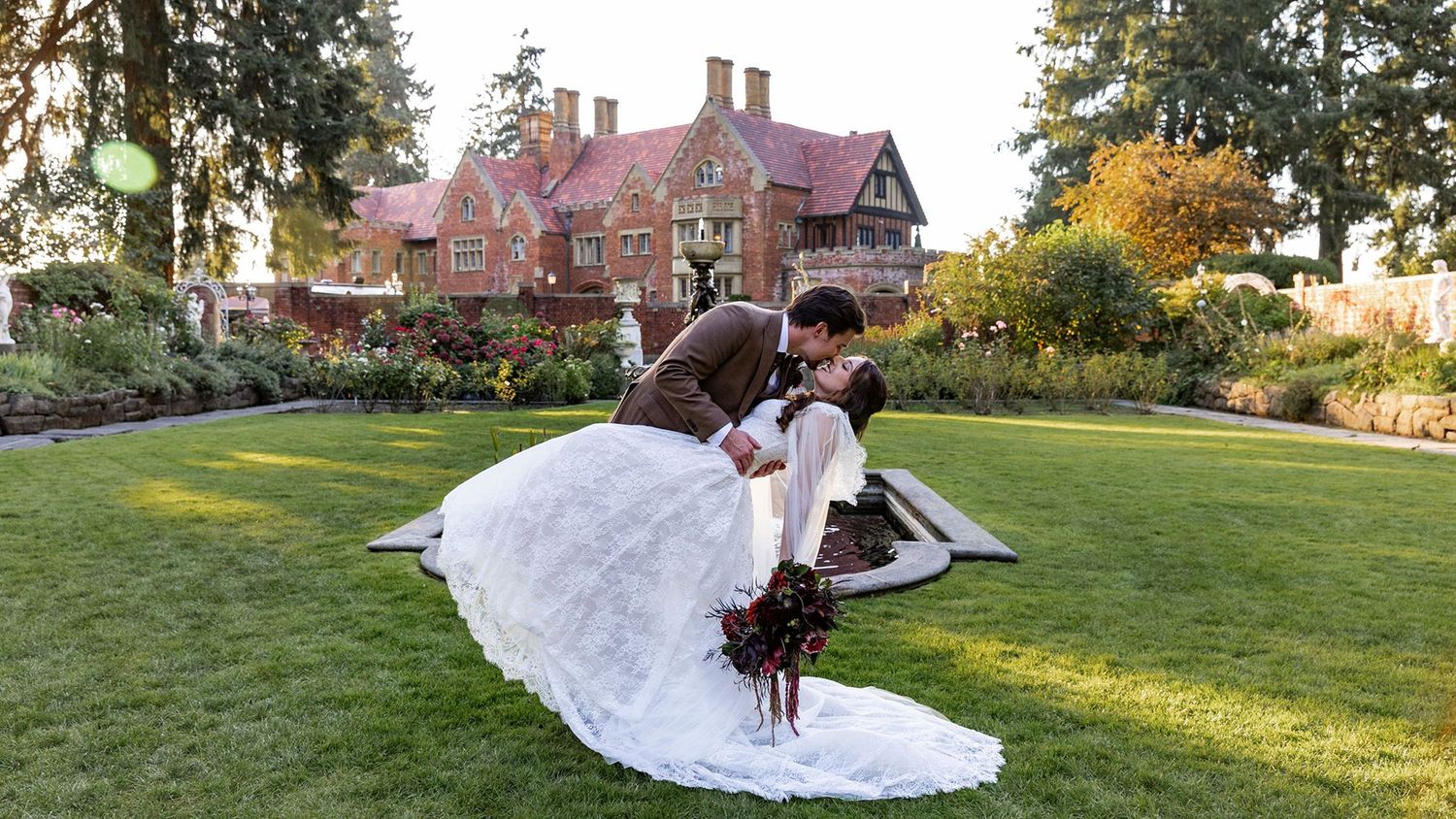 Bride and Groom  in front of Thornewood castle in  Lakewood Washington.