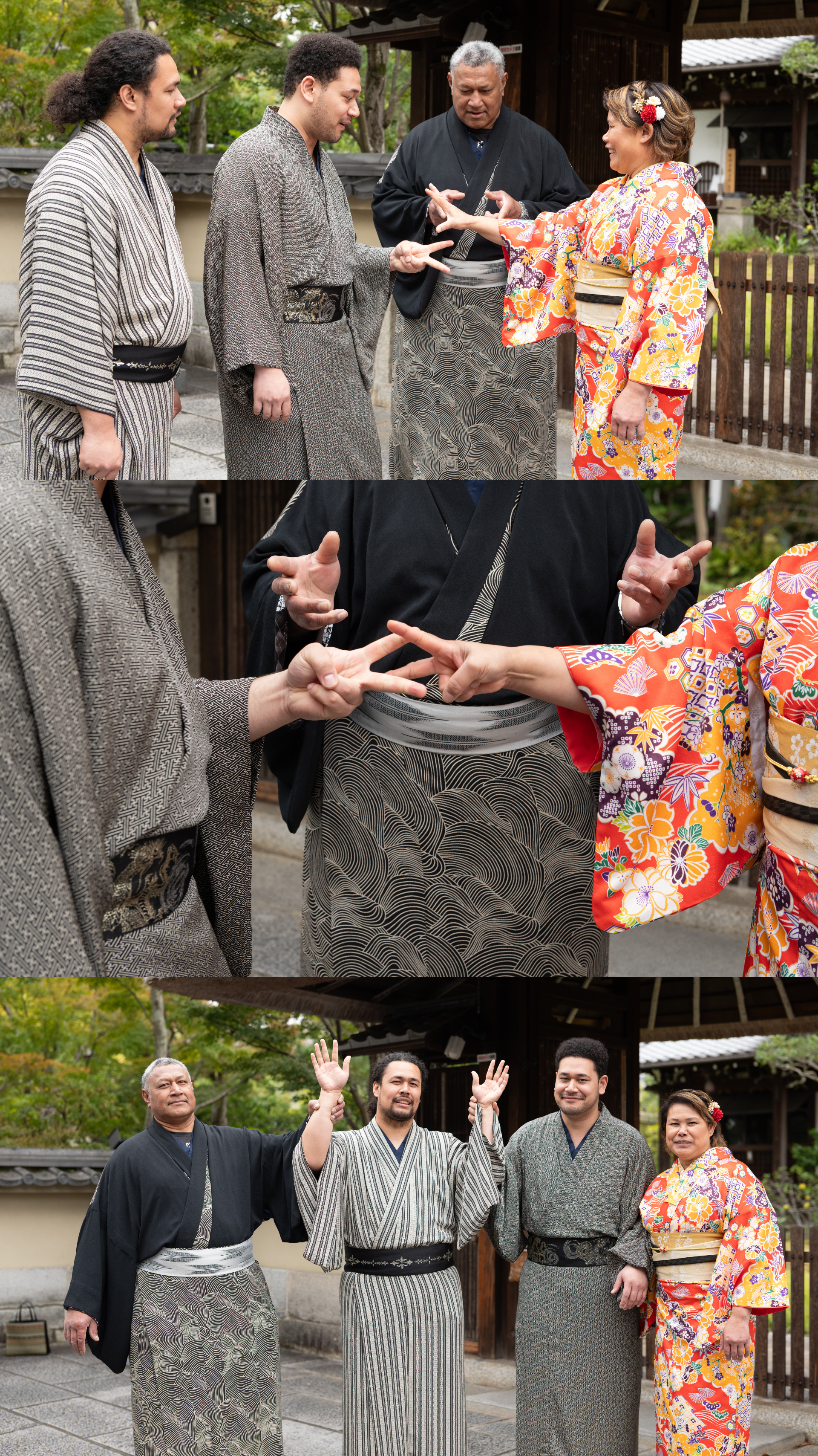 Family in traditional Japanese kimono play rock paper scissors game on Kyoto temple grounds.
