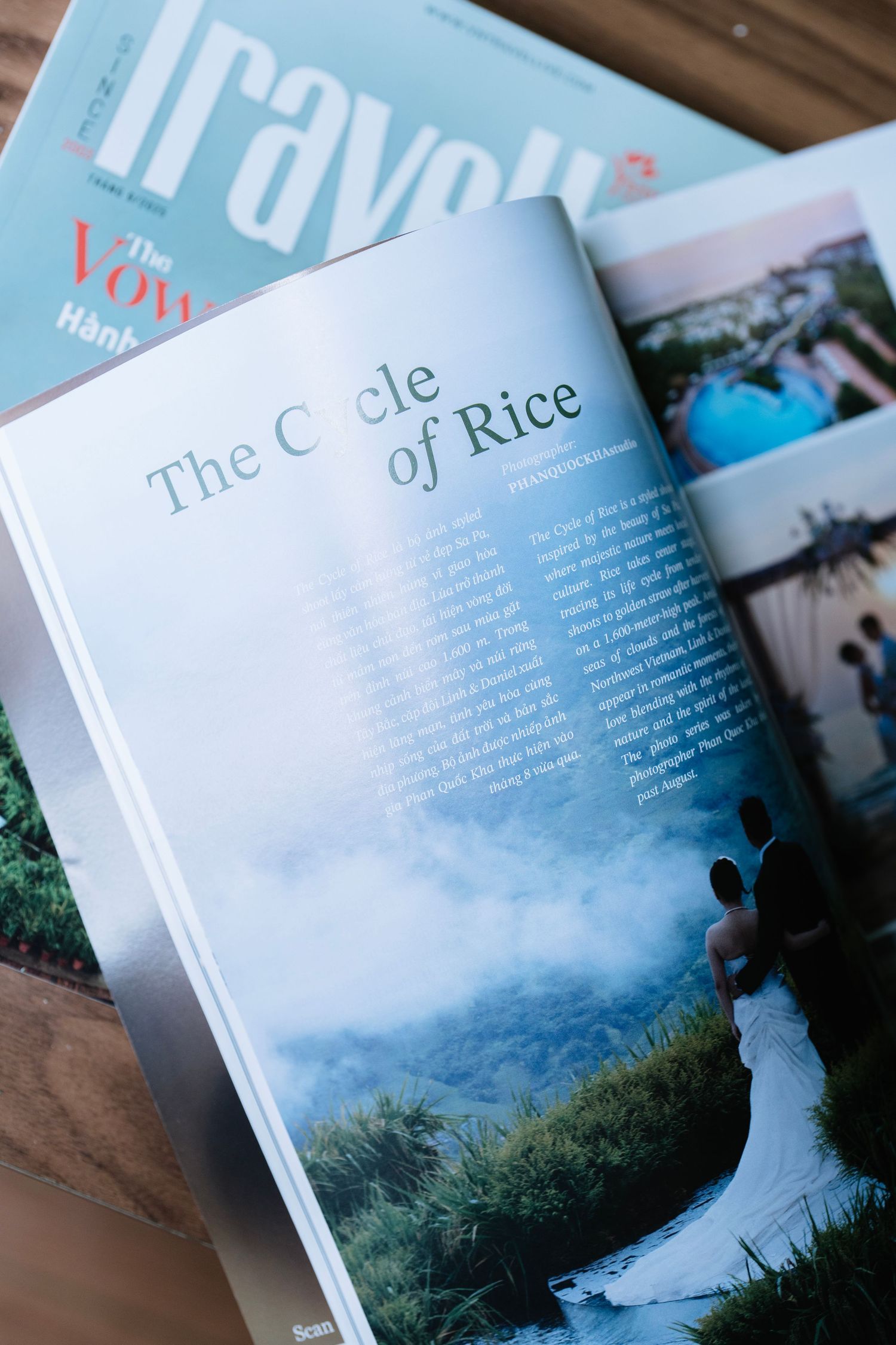 Travellive magazine open to The Circle of Rice wedding photography article with misty landscape bridal portrait.