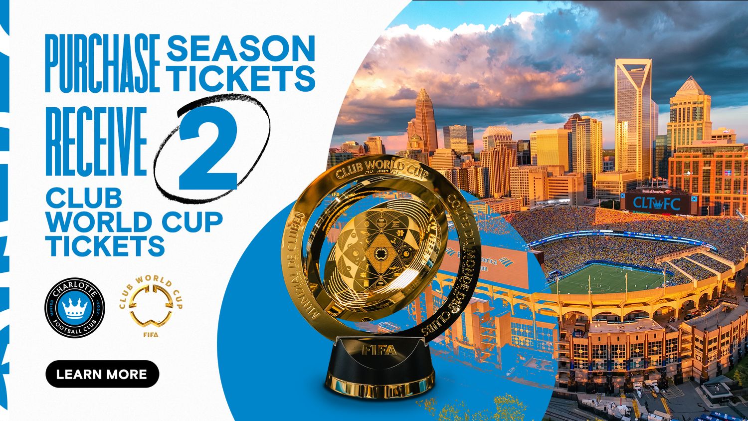 Charlotte FC season tickets promotion offering 2 Club World Cup tickets with purchase, featuring trophy and city skyline.