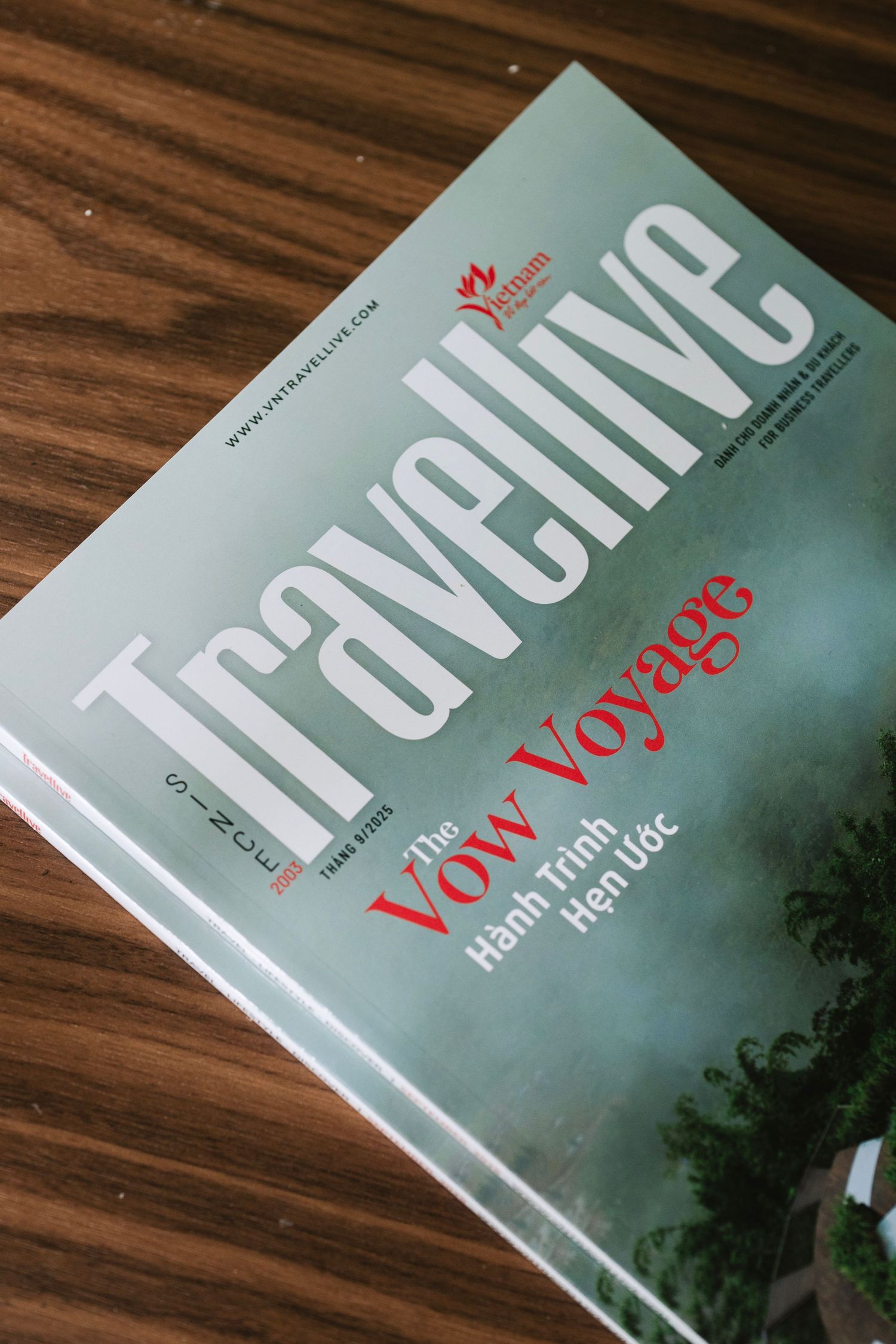 Travelive magazine featuring The Vow Voyage Hanh Trinh Hen Uoc cover on wooden surface.