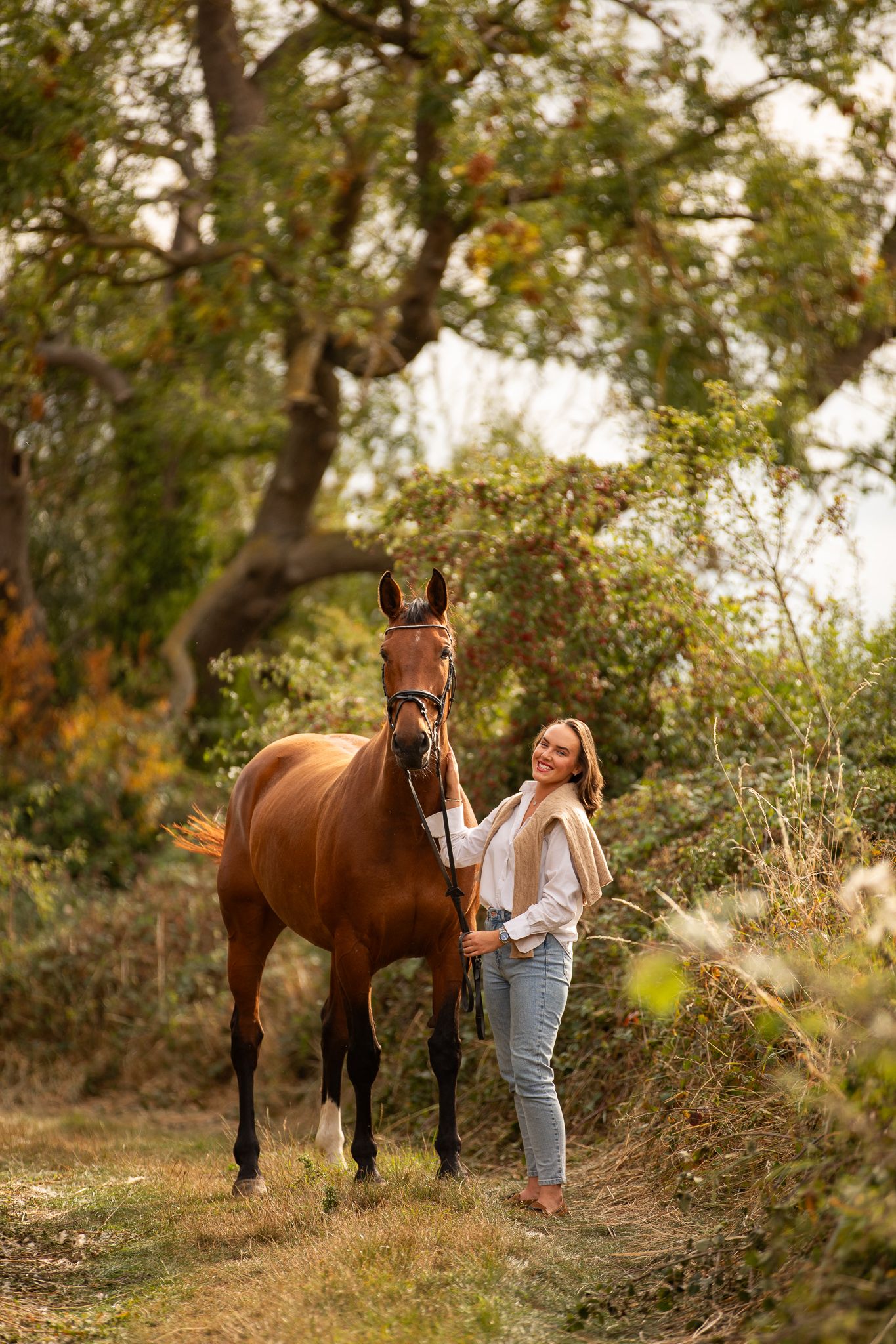 A group poses with horses along a tree-lined path during a sunny autumn day for outdoor photos.