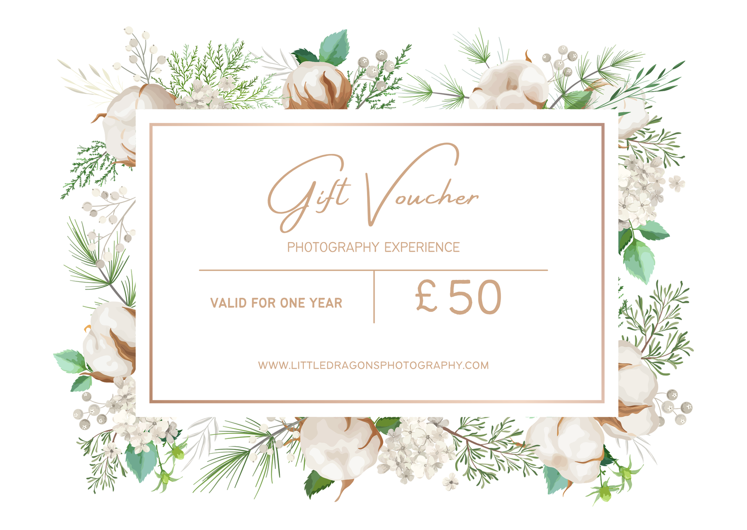 Elegant gift voucher template with delicate watercolor floral design in pink and green tones featuring £50 value.