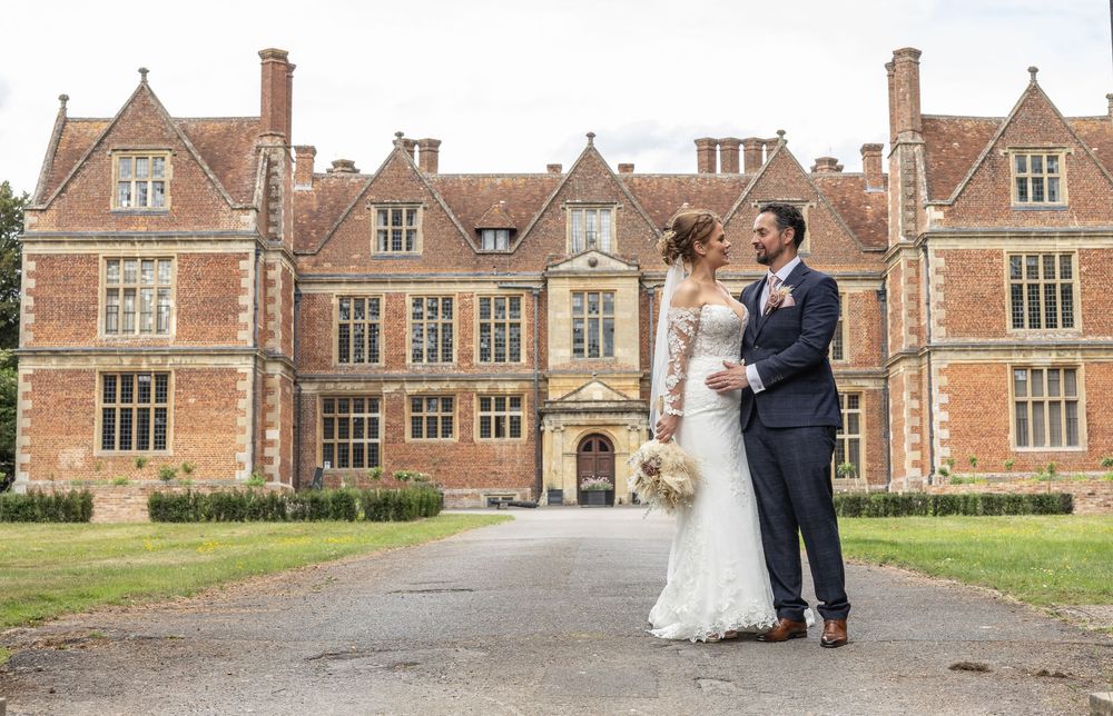 A panoramic collage of a grand historic Tudor-style mansion with brick facade and elegant wedding ceremony details.