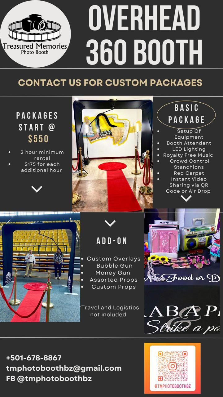 Our overhead 360 booth is a hit at events. This shows the information for booking our 360 overhead booth.