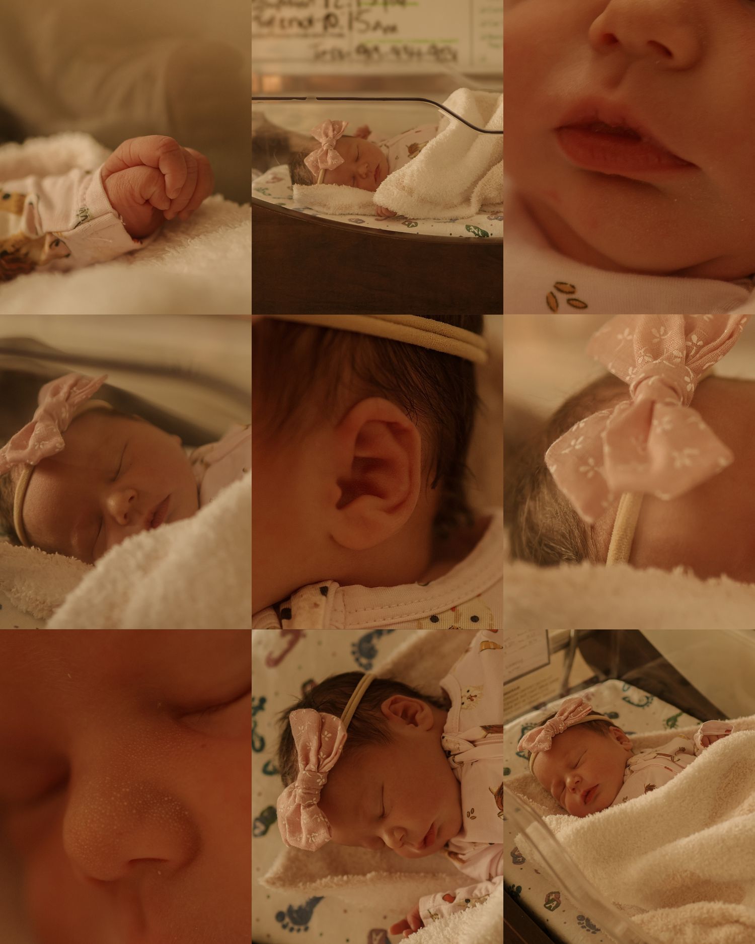 A collage of newborn baby details including tiny features and hospital moments.