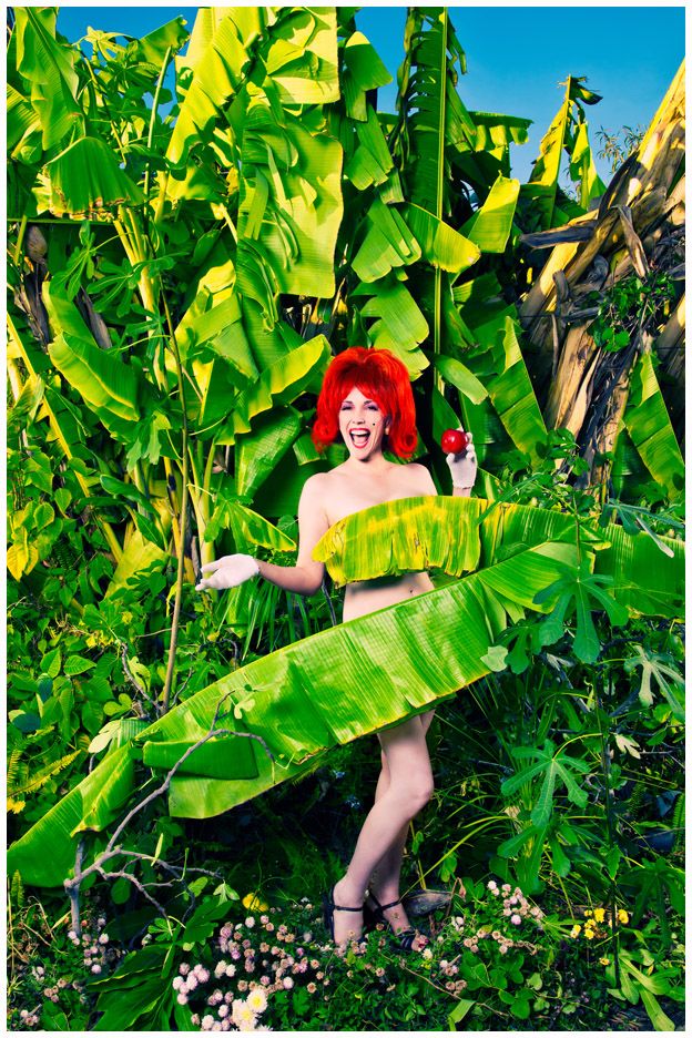 A vibrant series of photos showing someone posing among lush green banana leaves in a tropical garden setting.