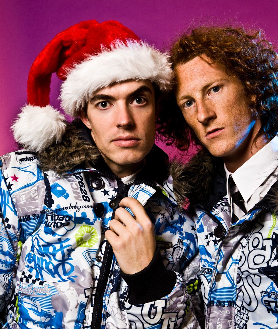A series of six similar photos showing two people in winter attire with blue and white patterned clothing against a colorful background.