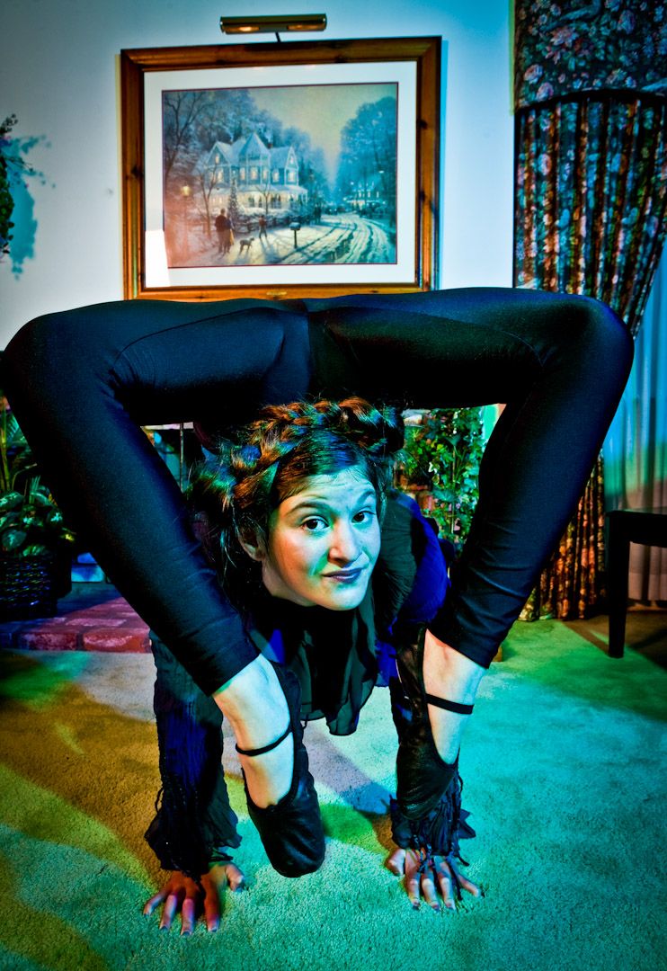 A sequence of photos showing someone doing a handstand on green carpet with framed artwork visible in the background.